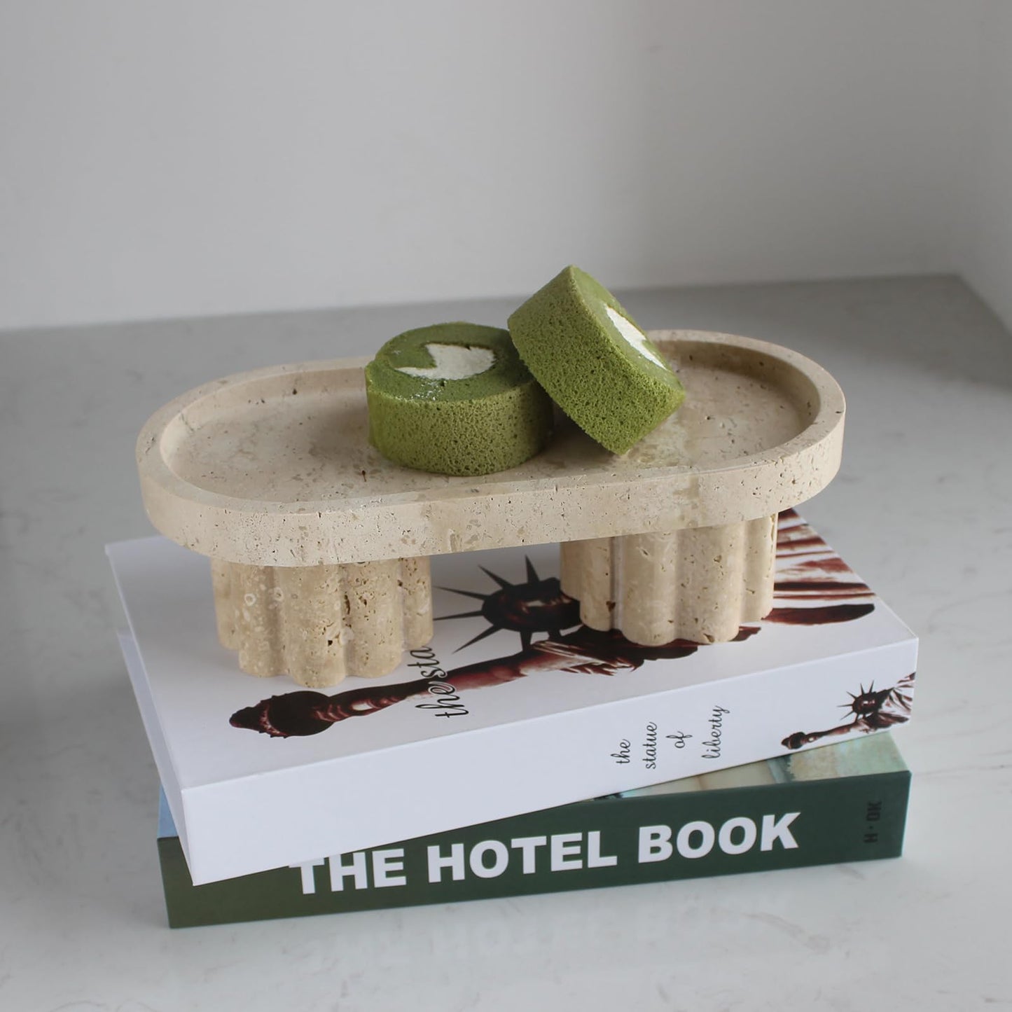 Natural Travertine Oval Tray with 2 Legs, 10" Vanity Decorative Tray for Countertop Organizer, Catchall Tray for Perfume, Candles, Jewelry Dish