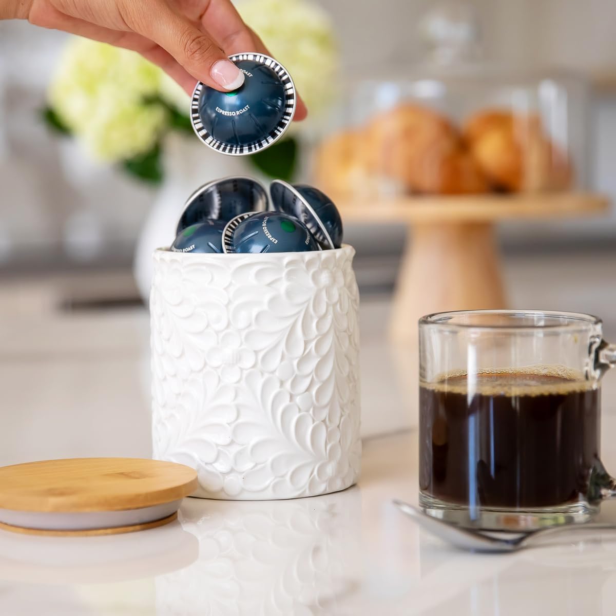 Small Engraved Ceramic Kitchen Canister - Storage Jars with Airtight Lids Made from Bamboo with Nature-Inspired Engraving - Use as a Pasta Holder, Coffee Ground Holder, Rice Container - 30 Ounces