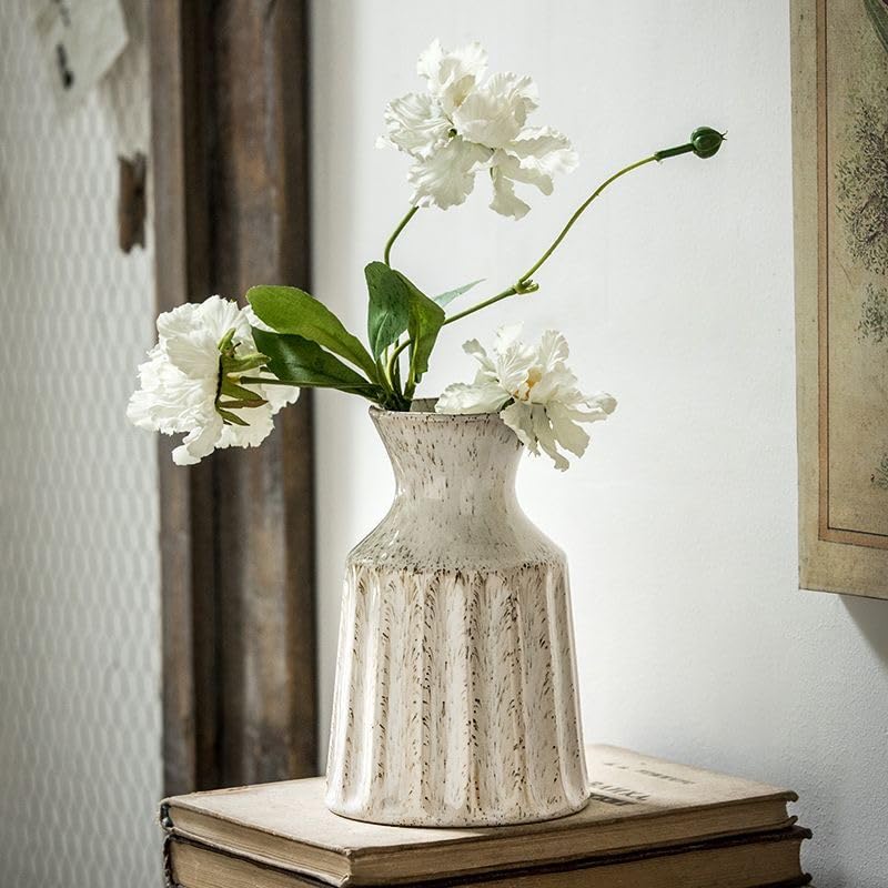 Prettidecor Ceramic Boho Vase, Farmhouse Home Decor Embossed Vases for Centerpieces, Kitchen, Office, Shelf, Table, Vase for Pampas Grass, Eucalyptus