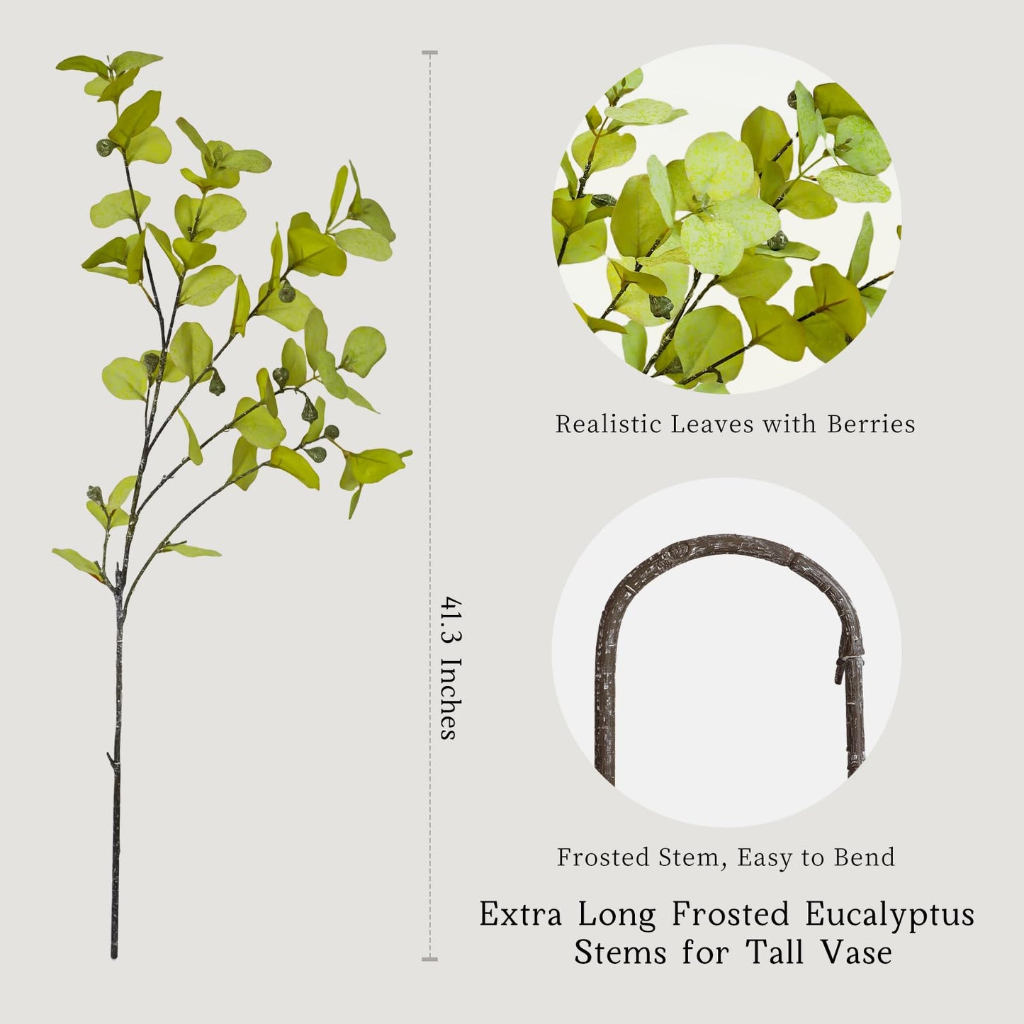 KBREE 41.3" Eucalyptus Stems, 3 Pcs Faux Eucalyptus with Seed Pods, Extra Long Stems Greenery Decor for Tall Vase, Home, Wedding & Office (Frosted Yellow Green)