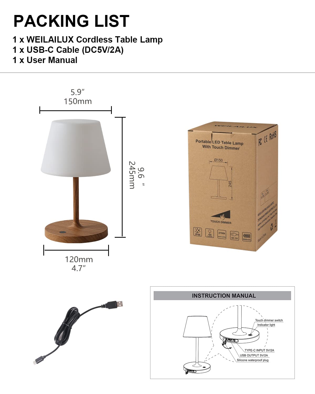 WEILAILUX Outdoor Battery Operated Table Lamp Waterproof, 4000mAh Cordless Rechargeable, Touch Dimmable Desk Lamp, LED Night Light for Patio Camping Restaurant Home, H9.6in, Wood Grain