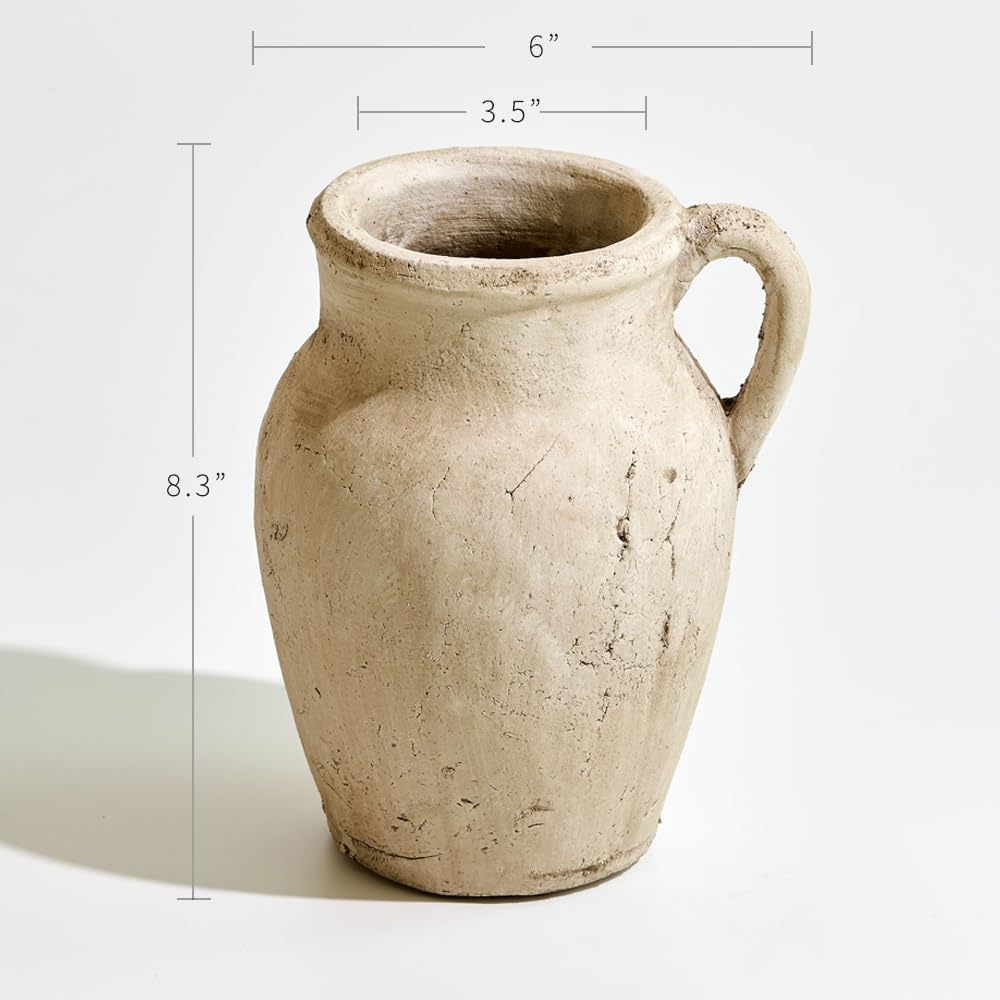 LB2 Rustic Ceramic Vase, 8.3 Inch Tall Zen Style vase, Terra Cotta Pitcher, Distressed Farmhouse Decor, Pottery Decorative Flower Vase for Home Decor
