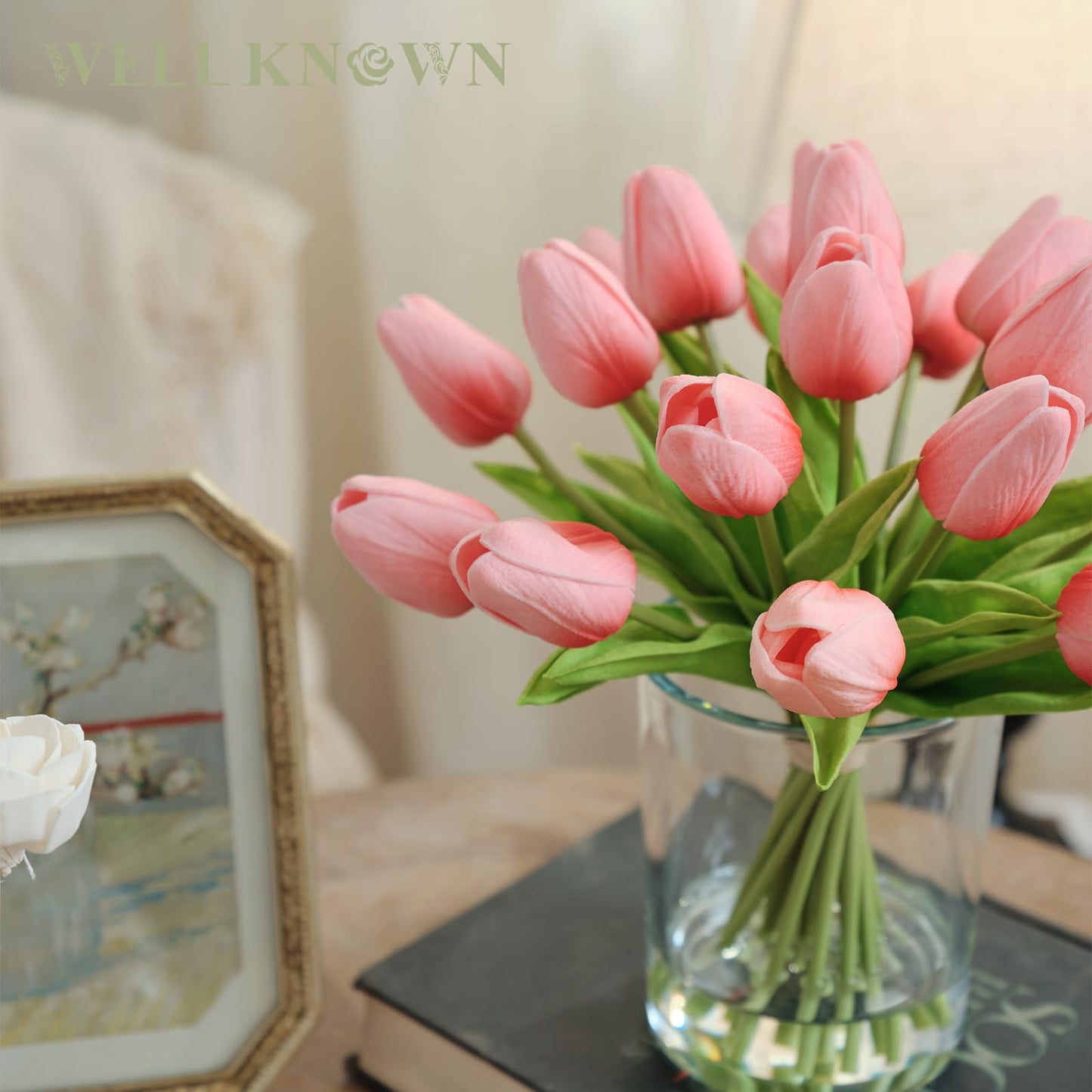 WELL KNOWN 20 Pcs Tulips Artificial Flowers in Vase, Real Touch Tulips with Vase with Upgrate Acrylic Water Flower Arrangements Centerpiece for Dining Room Table Decoration
