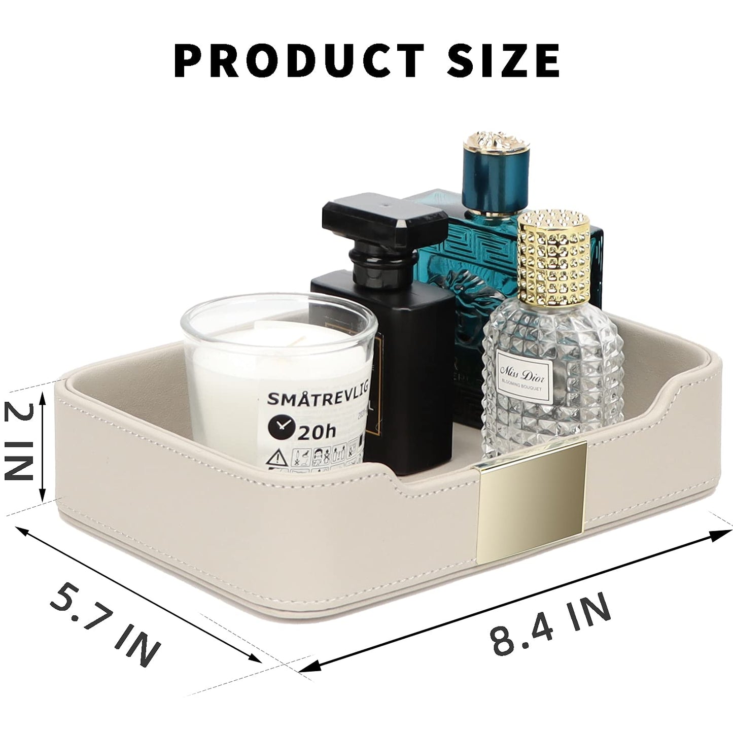 SANZIE Luxury Leather Tray Desktop Storage Catchall Organizer Decorative Tray for Entryway Table to Hold Jewelry Watch Keys Phone Wallet (Metal Glided, Grey)