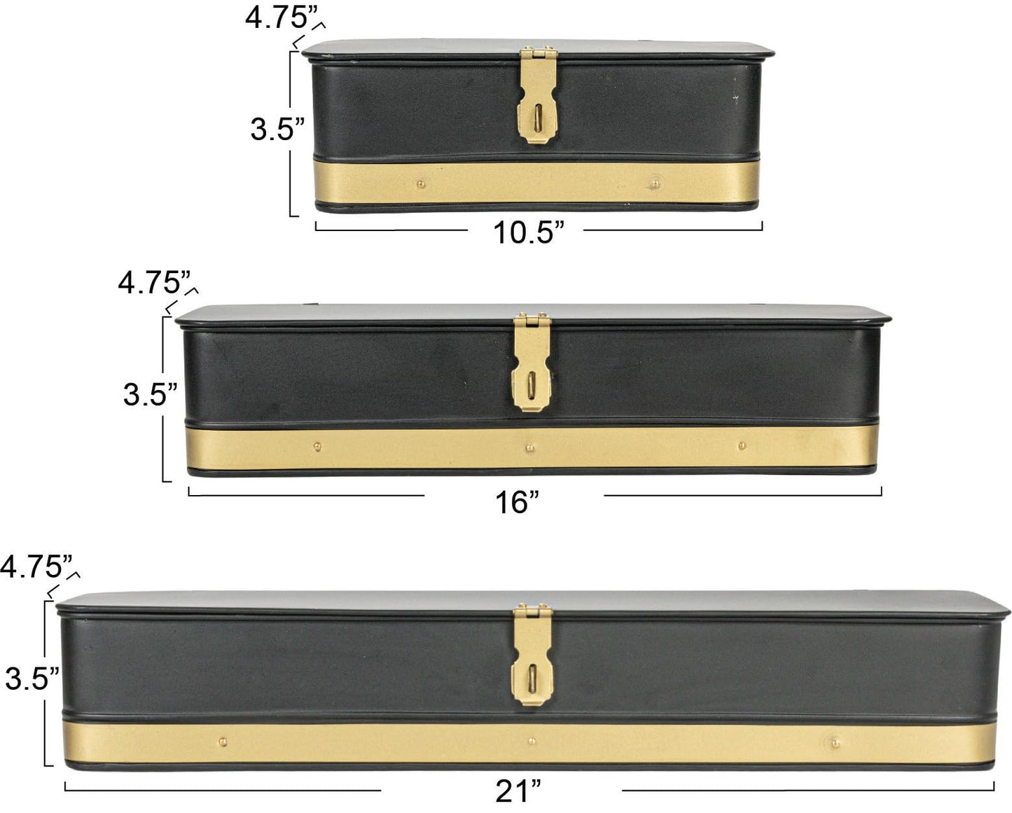 Creative Co-Op Decorative Metal Boxes with Lid, Black with Gold Band, Set of 3