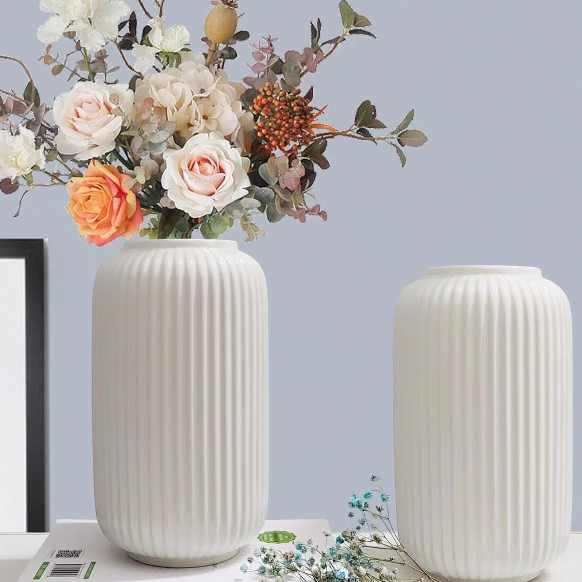 Eweeh White Ceramic Vase, Modern Minimalist Style Vase, Oval Shaped Flower Vase, Tall Porcelain Floral Arrangement for Home Décor, Cylinder Bouquet Holder (White 3)