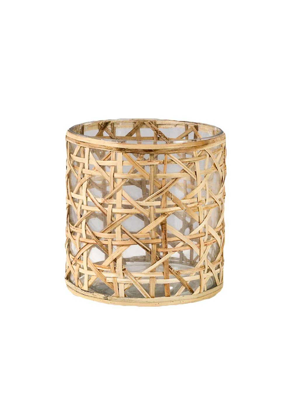 Serene Spaces Living Saigon Cane Wrapped Glass Hurricane Candle Holder, Candle Centerpieces for Tables, Wedding Reception Vases, for Living Room, Fireplace Mantel, Measures 4.75" Tall & 4.5" Diameter