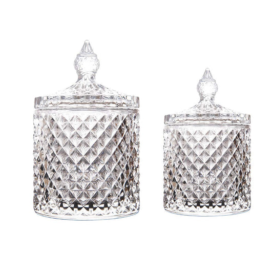 Maypink Crystal Diamond Faceted Jar with Lid,Suitable as A Candy Dish,Cookie Tin,Biscuit Barrel,Decorative Candy Jar Sugar Bowl (Crystal, Set of 2)
