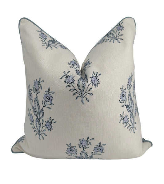 Jillien Harbor “The Mary” Periwinkle Floral Block Print Pillow Cover – Blue and Off-White Decorative Throw Pillow Cover – Grandmillennial Home Decor, 19" x 19"