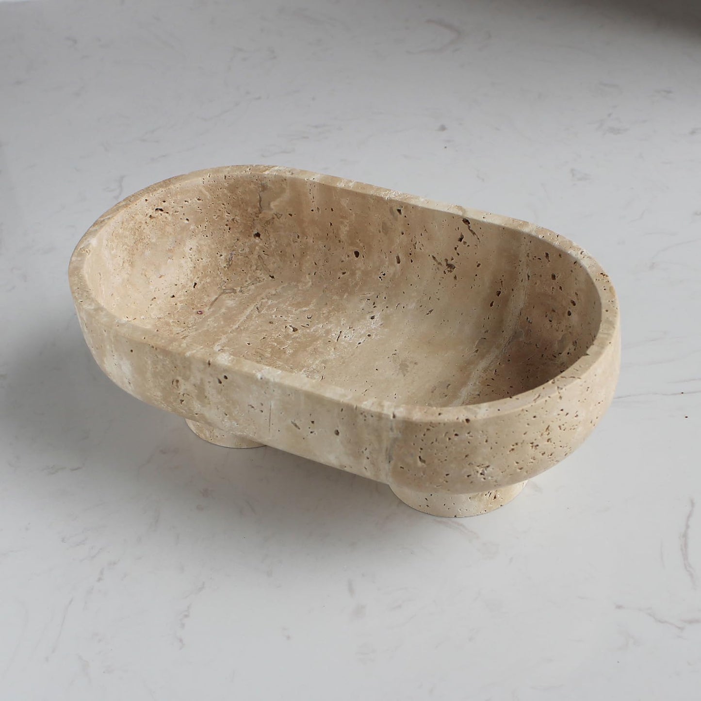 Natural Oval Travertine Fruit Bowl for Kitchen Counter 10", Large Decorative Bowl Two-Legs for Home Decor, Fruits Holder For Dining Table - Kitchen Organization
