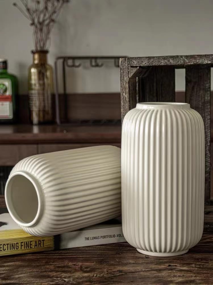 Eweeh White Ceramic Vase, Modern Minimalist Style Vase, Oval Shaped Flower Vase, Tall Porcelain Floral Arrangement for Home Décor, Cylinder Bouquet Holder (White 3)