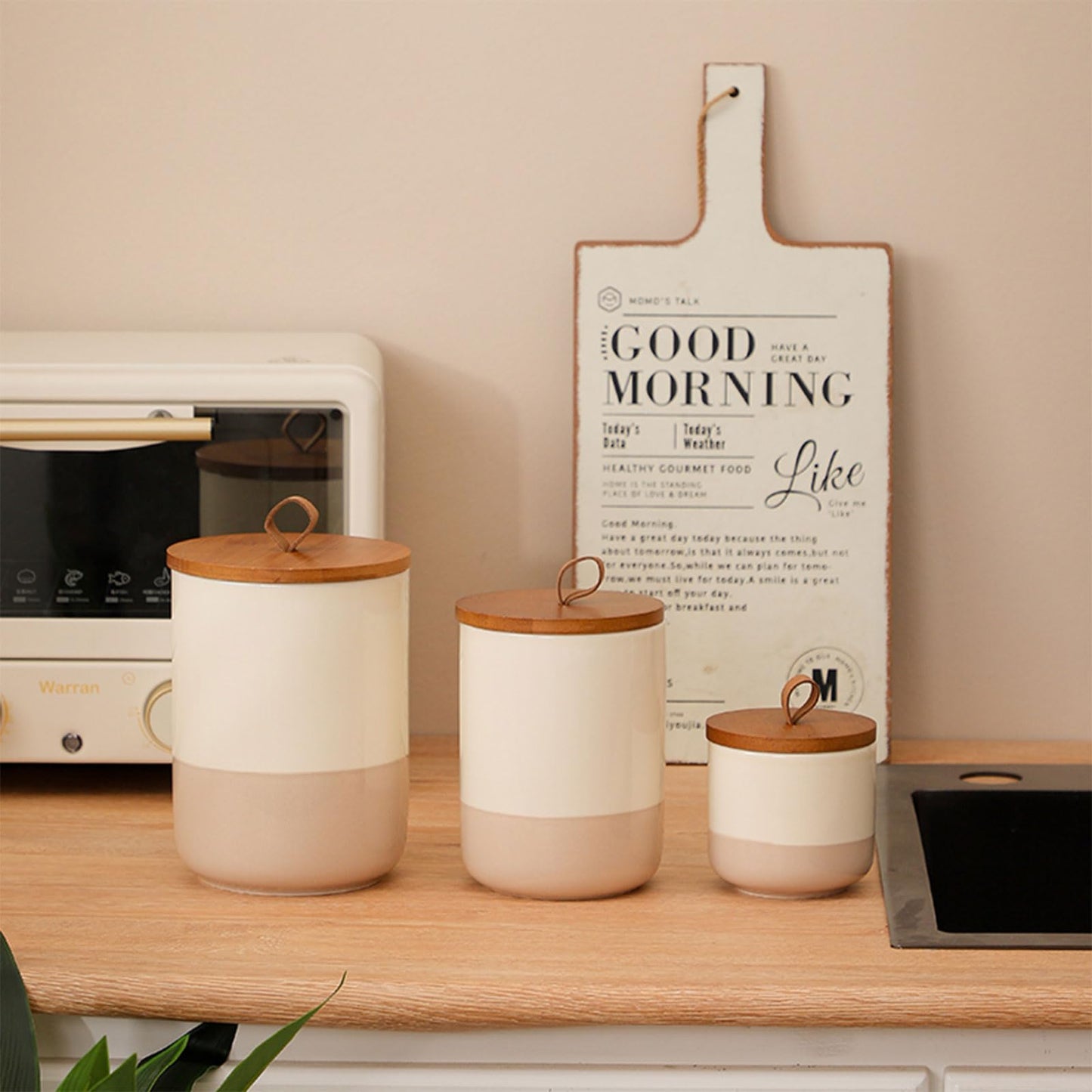 Jueison Coffee Canister, Ceramic Food Storage Jars with Lids Salt Matcha Container Brown Sugar Container Bowl for Kitchen Tea, Coffee Beans, Spice (#001Khaki-Set of 3)