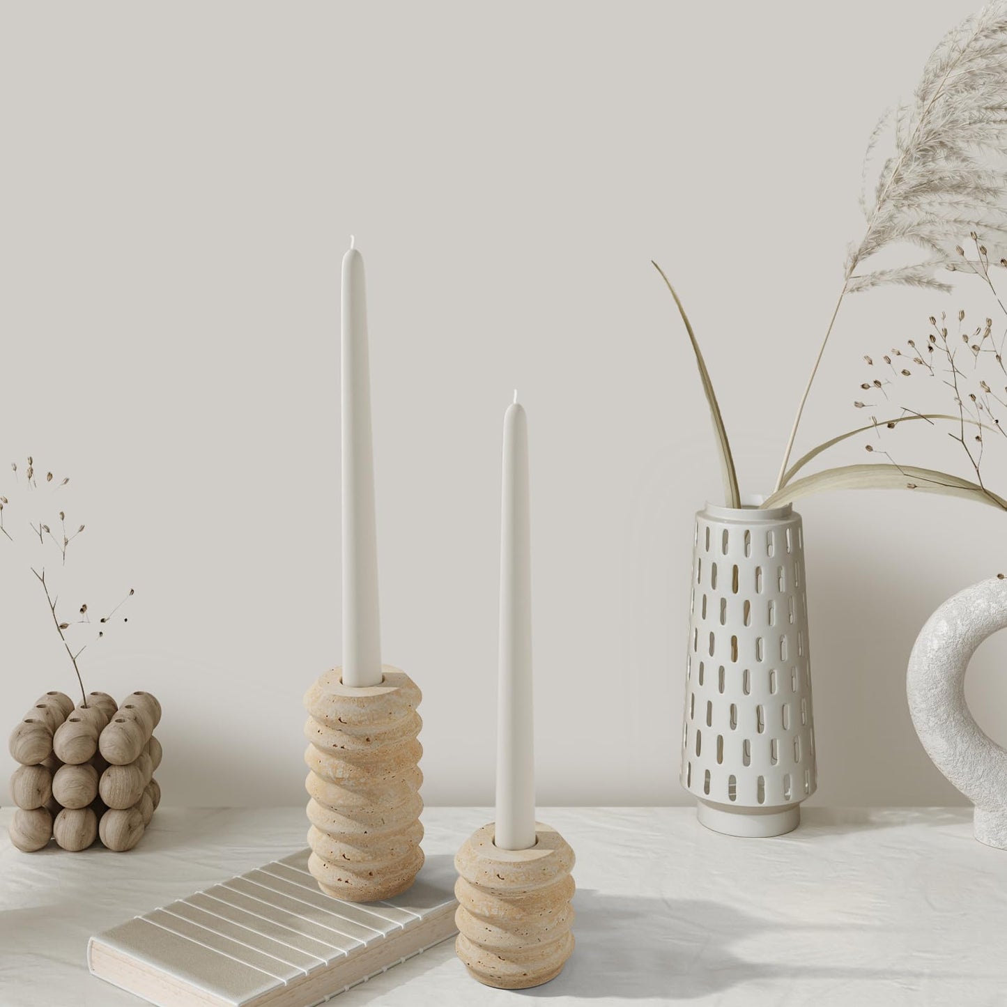 WORHE Candle Holders True Natural Travertine Stone 0.4" Thick, Set of 2 Premium Marble Candlestick Holder for Wedding Dinning Party, Candle Stand for 3/4 inch Thick Candles Color White (ZT002)