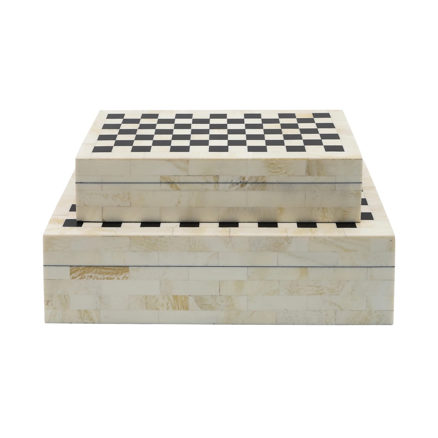Sagebrook Home Decorative Storage Boxes Set – Checkered Design, Resin & Wood Keepsake Boxes – Stylish Organizer for Home, Office, Bedroom, or Living Room – 10" & 12 Inches, Black & Ivory