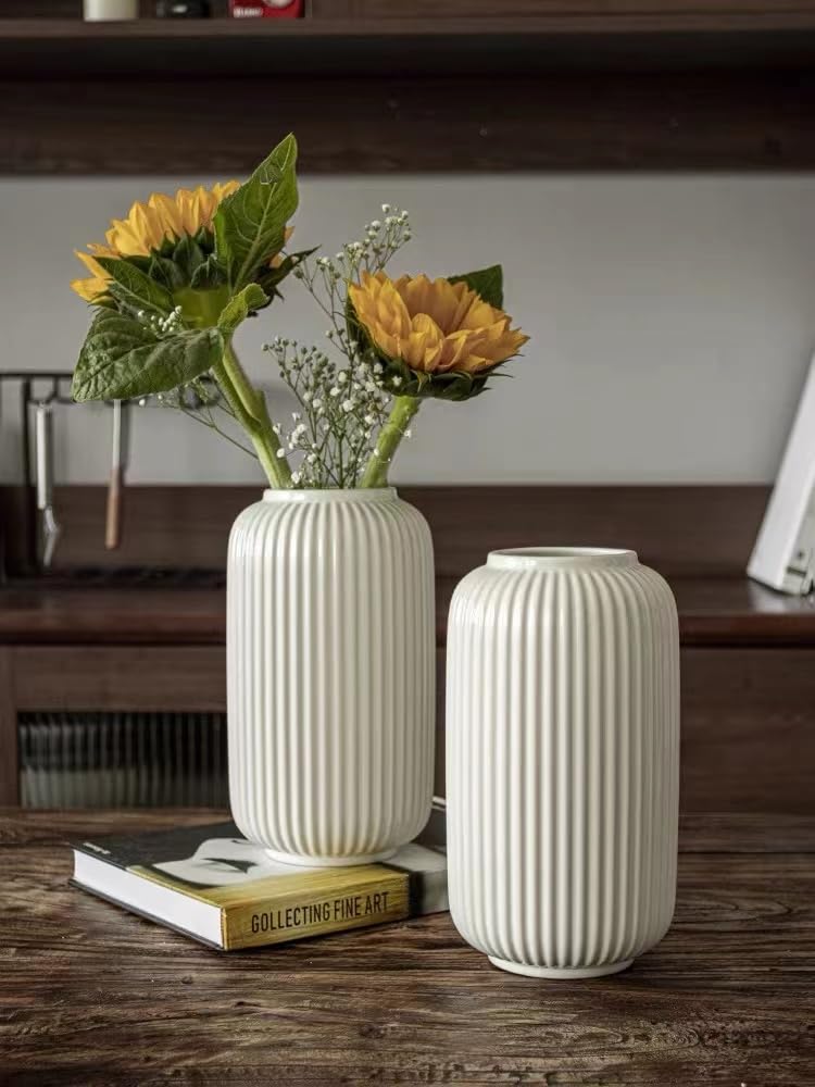 Eweeh White Ceramic Vase, Modern Minimalist Style Vase, Oval Shaped Flower Vase, Tall Porcelain Floral Arrangement for Home Décor, Cylinder Bouquet Holder (White 3)