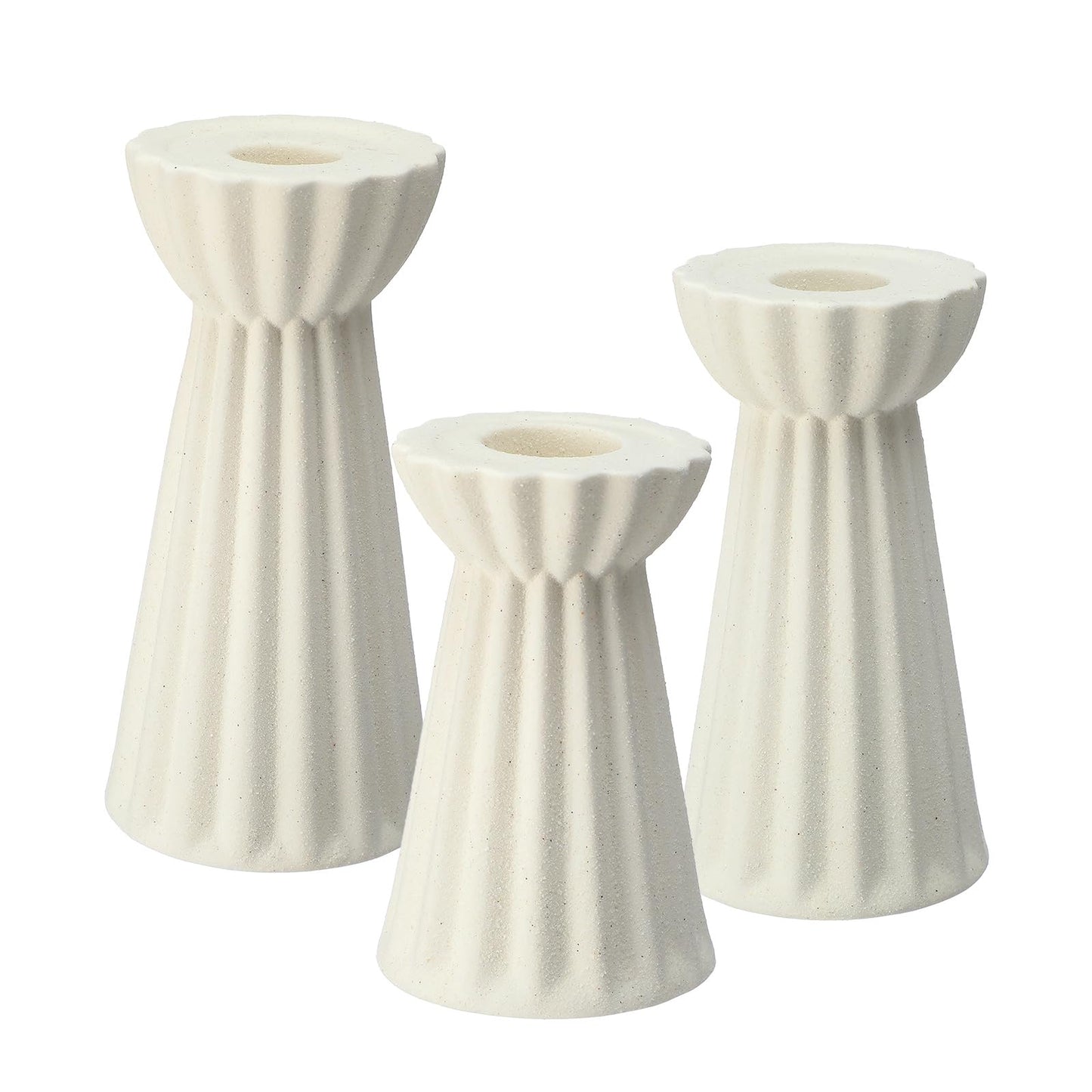 Honeydak Set of 3 Ceramic Taper Candle Holders Fluted Candlestick Holder Beige Candle Stick Stand Nordic Decorative for Wedding Decor Home Dinner Party Boho Desktop Table Centerpiece Housewarming Gift