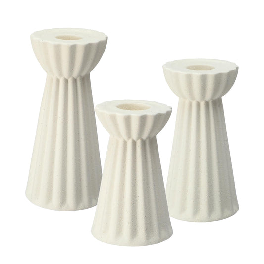 Honeydak Set of 3 Ceramic Taper Candle Holders Fluted Candlestick Holder Beige Candle Stick Stand Nordic Decorative for Wedding Decor Home Dinner Party Boho Desktop Table Centerpiece Housewarming Gift