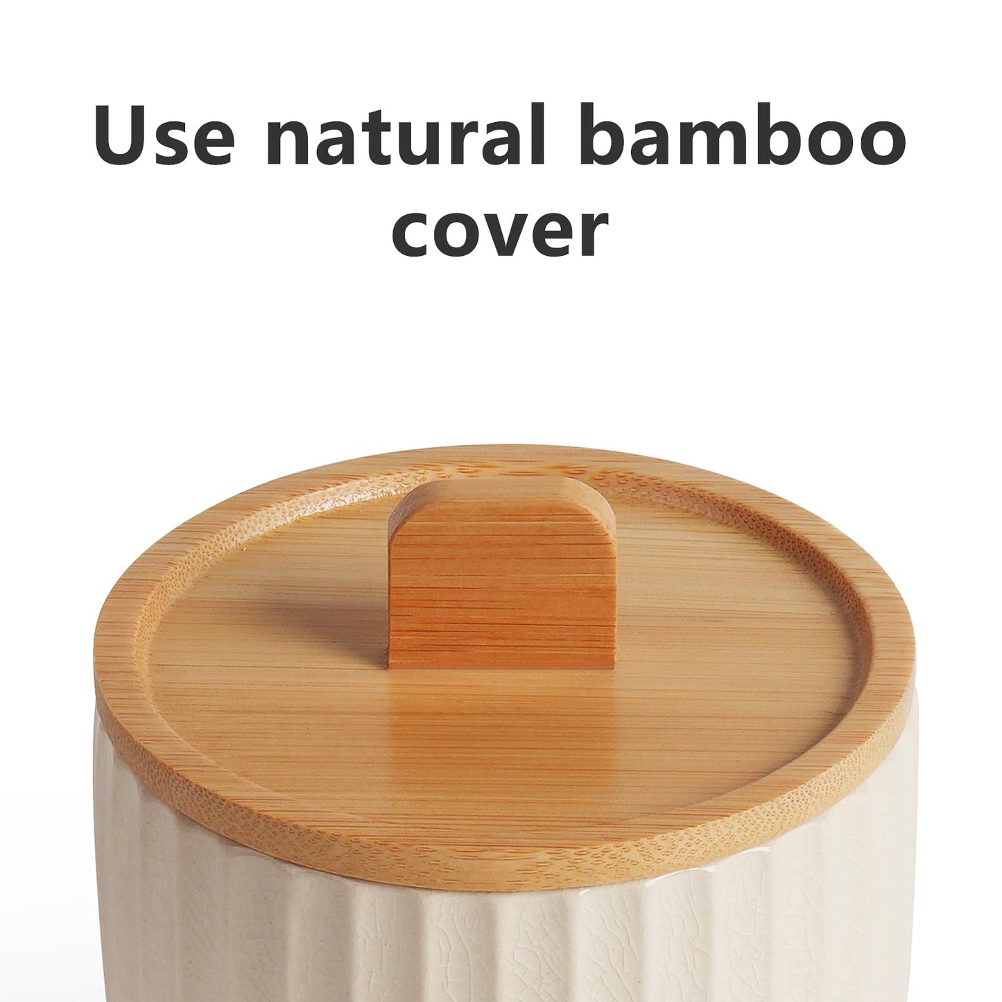 Lunavita Salt Cellar Keeper with Bamboo Lid, 14oz Big Capacity Ceramic Sugar Bowls Pepper Box, Crackle Glaze Seasoning Container Condiment Pot for Kitchen, (Cream Color), 4″×4″