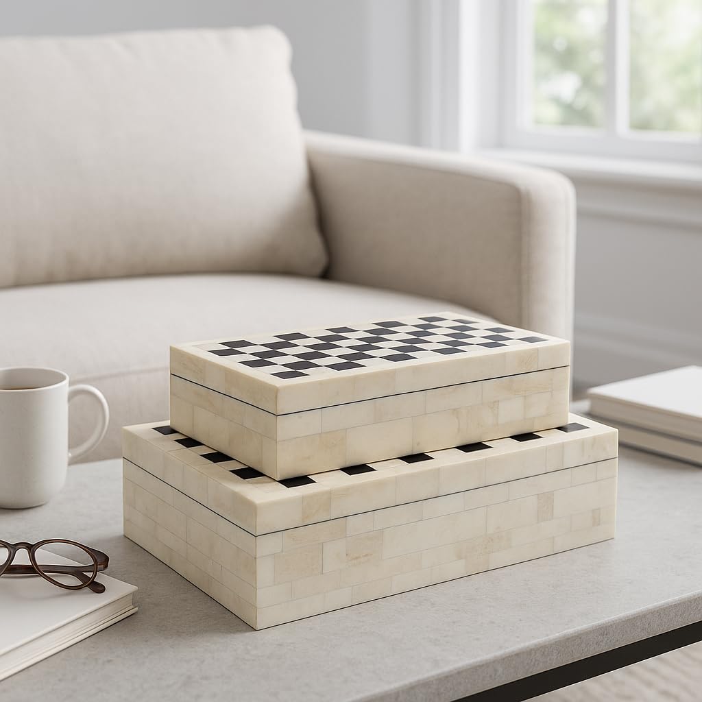 Sagebrook Home Decorative Storage Boxes Set – Checkered Design, Resin & Wood Keepsake Boxes – Stylish Organizer for Home, Office, Bedroom, or Living Room – 10" & 12 Inches, Black & Ivory