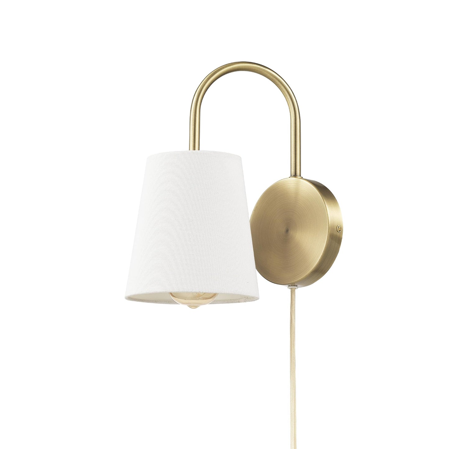 GLOBE Electric x Novogratz 65000053 1-Light Hardwire or Plug-in Wall Sconce, Matte Brass, White Textured Shade, Arched Arm, Lighting, Home Decor, Lights for Bedroom Plug in