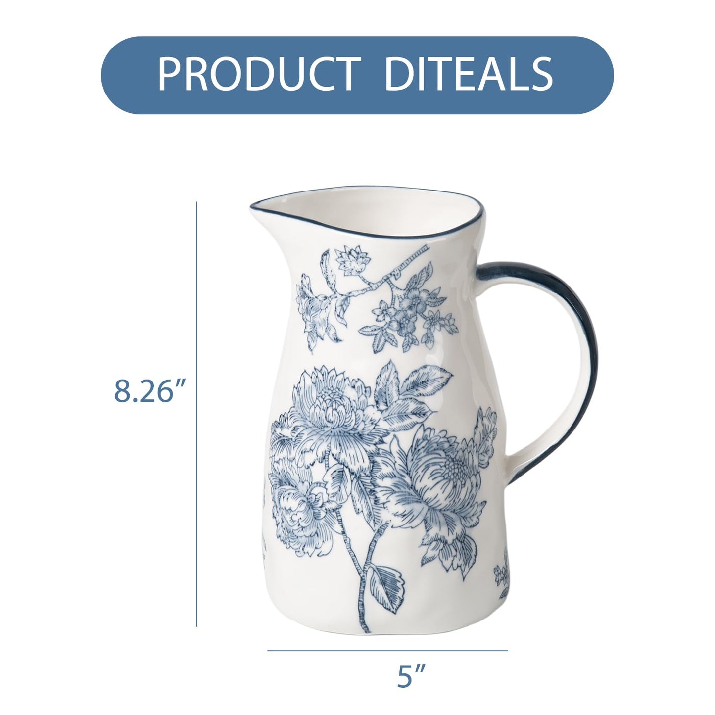 Magclay Ceramic Pitcher Vase, Blue and White Jug for Home Decor, Chinoiserie Vase Decor, Decorative Pitcher with Handle