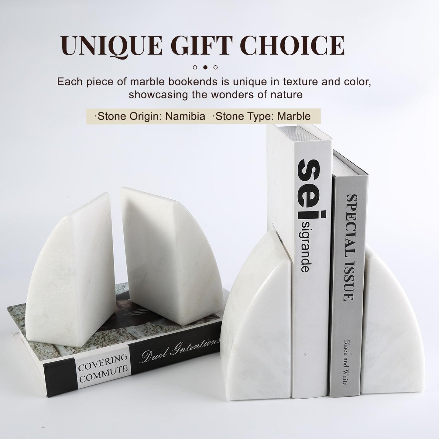 Koville Marble Bookends for Shelves, Large Bookends for Heavy Books, Natural Stone Book Stopper for Books CD Movies, Aesthetic Decorative Book Ends (White)