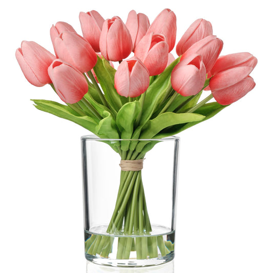 WELL KNOWN 20 Pcs Tulips Artificial Flowers in Vase, Real Touch Tulips with Vase with Upgrate Acrylic Water Flower Arrangements Centerpiece for Dining Room Table Decoration