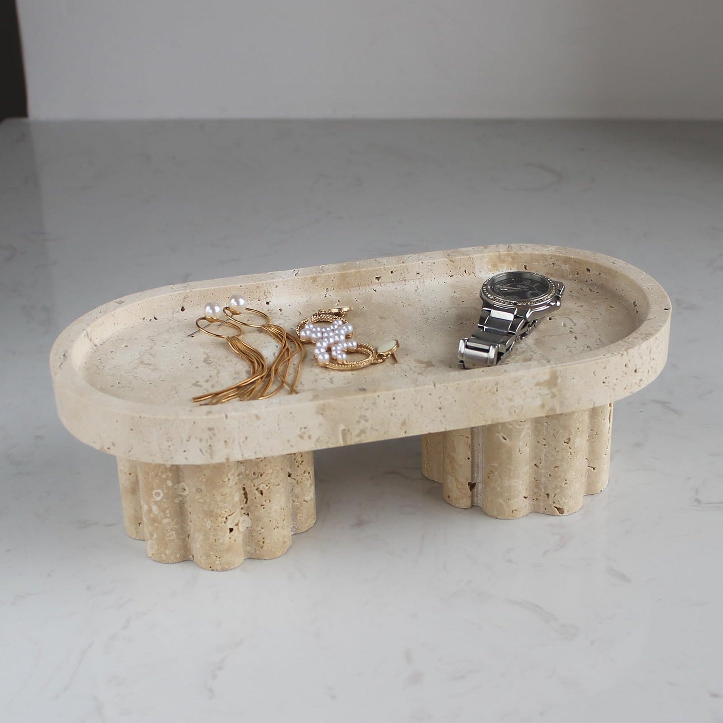 Natural Travertine Oval Tray with 2 Legs, 10" Vanity Decorative Tray for Countertop Organizer, Catchall Tray for Perfume, Candles, Jewelry Dish