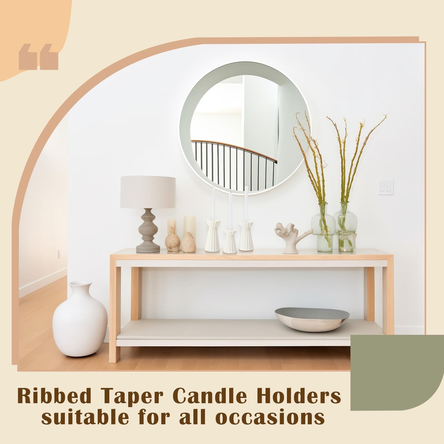 Honeydak Set of 3 Ceramic Taper Candle Holders Fluted Candlestick Holder Beige Candle Stick Stand Nordic Decorative for Wedding Decor Home Dinner Party Boho Desktop Table Centerpiece Housewarming Gift