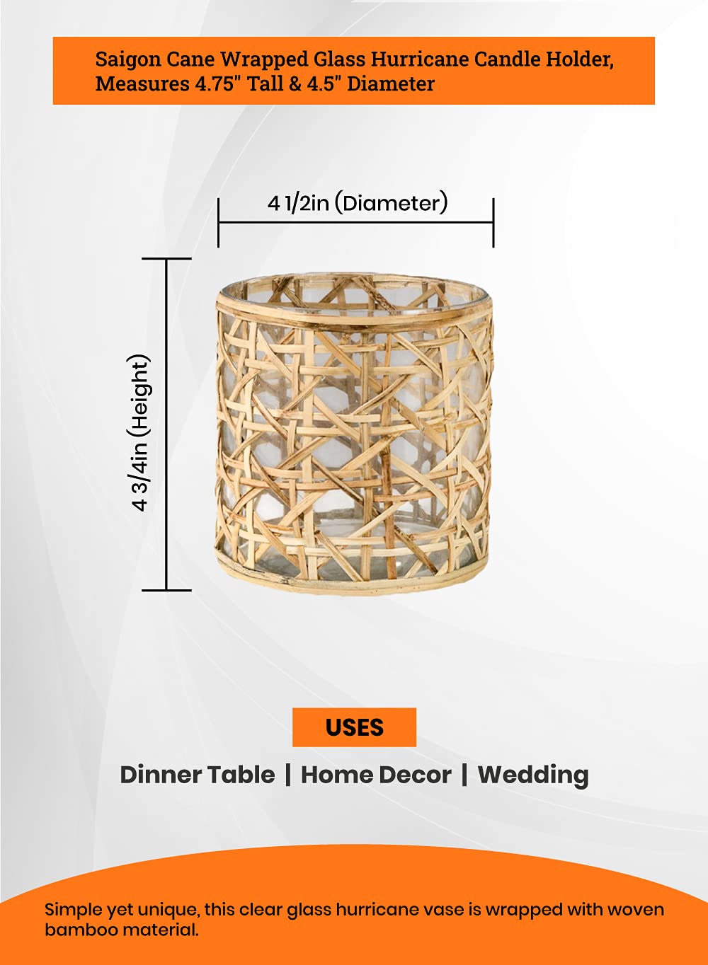 Serene Spaces Living Saigon Cane Wrapped Glass Hurricane Candle Holder, Candle Centerpieces for Tables, Wedding Reception Vases, for Living Room, Fireplace Mantel, Measures 4.75" Tall & 4.5" Diameter