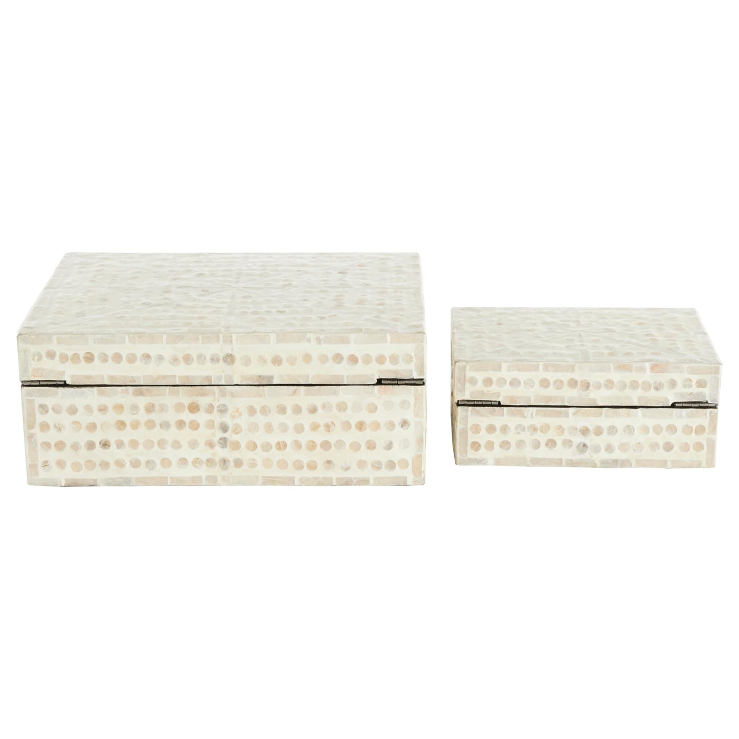 Deco 79 Mother of Pearl Shell Geometric Handmade Decorative Box Mosaic Dot Storage Decorative Keepsake Box with Brown Accents, Set of 2 Storage Box 12", 8"W, Cream