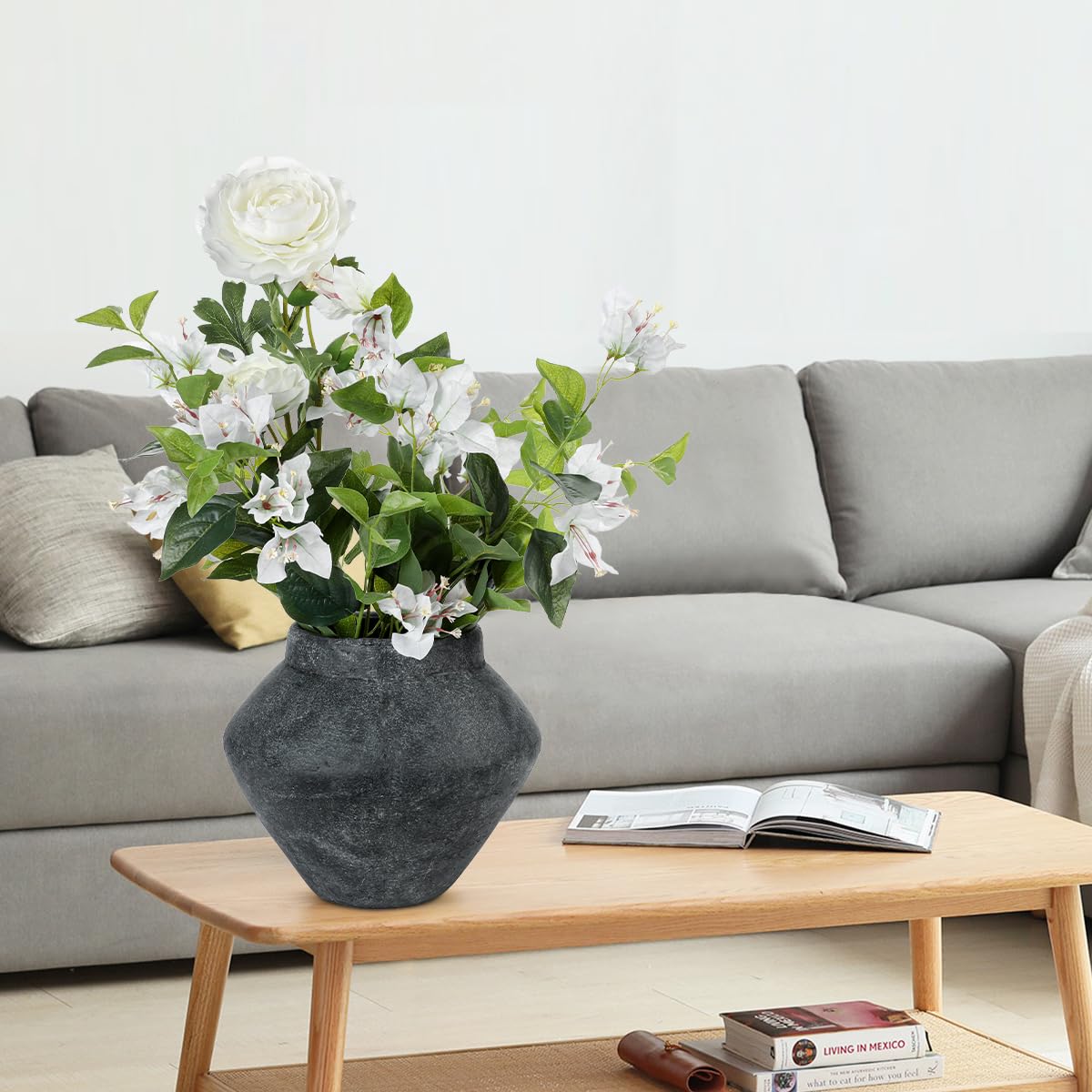 Briful Large Rustic Ceramic Vase with Distressed Finish, 8.2'' Tall Wide-Belly Decorative Flower Vases with Felt Pads, Retro Style Pottery for Home Decor, Table Centerpiece, Black