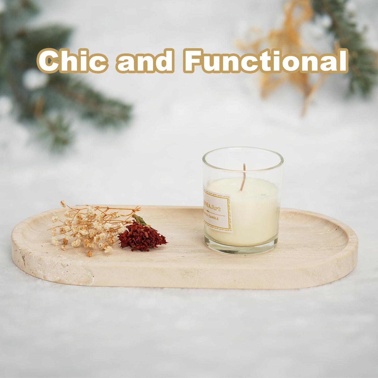 Koville Italian Natural Travertine Vanity Decorative Marble Tray, 12"x6" Light Beige Travertine Wabi Sabi Style Catchall Tray for Perfume, Candles, Jewelry