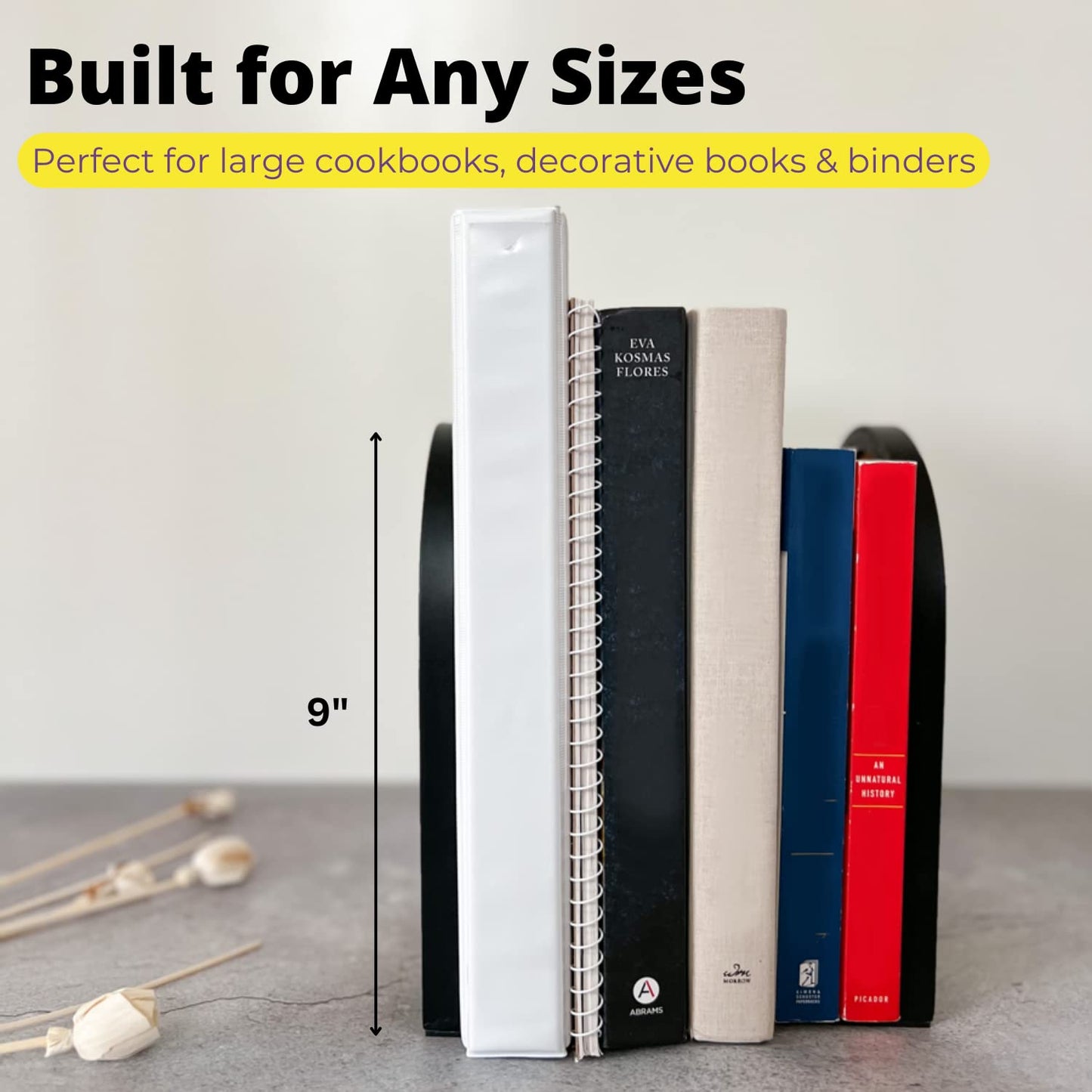 PurpleWares Arch Rattan Decorative Bookends - 9" Heavy Duty Black Metal Book Ends Stopper Non-Skid Bottom for Shelves, Unique Modern Large Book Holder Organizer Bookshelf Decor Display (Extra Tall)