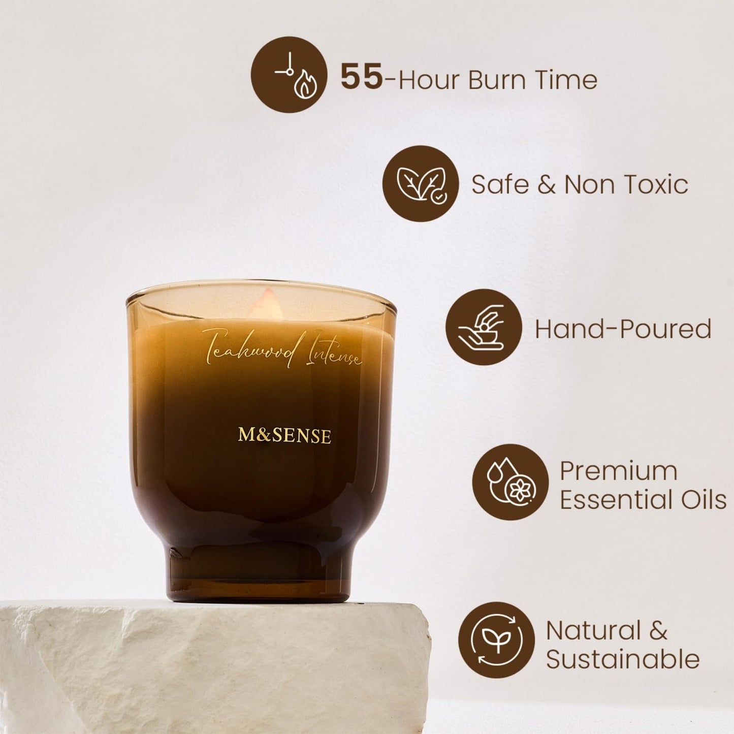 M&SENSE 9.88oz Natural Soy Wax Jar Candle with Wooden Wick | Teakwood Intense Scent | 55-Hour Burn & Long-Lasting Burn | Housewarming Gift for Men and Women