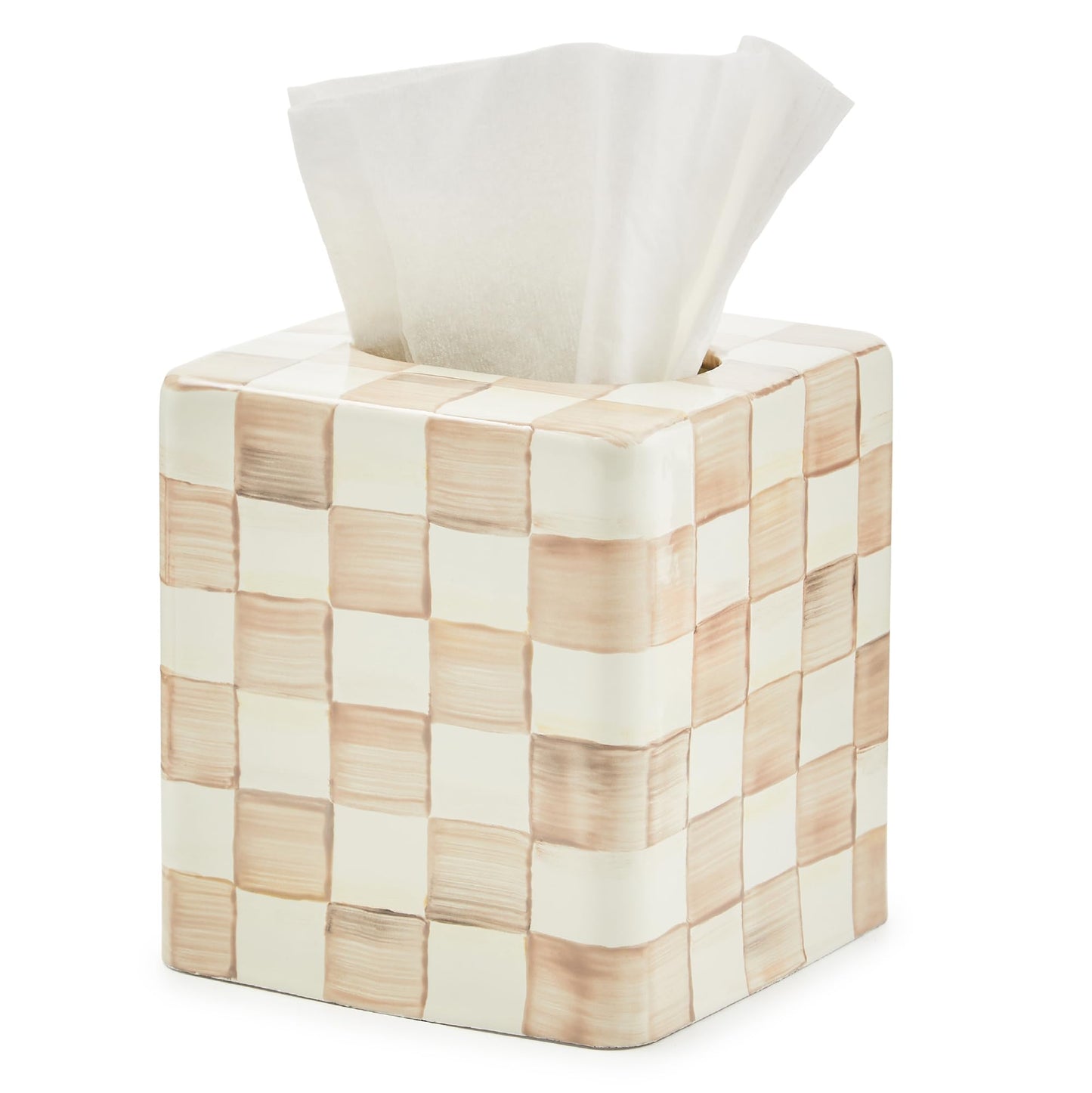 MACKENZIE-CHILDS Boutique Square Tissue-Box Cover, Tissue Holder for Home Decor, Brown-and-White Mocha Check