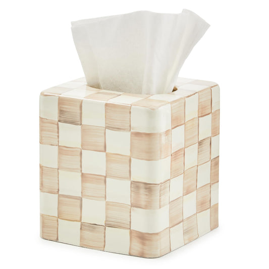 MACKENZIE-CHILDS Boutique Square Tissue-Box Cover, Tissue Holder for Home Decor, Brown-and-White Mocha Check