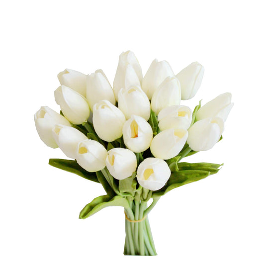 Mandy's Artificial Tulips 20 Stems White PU Faux Flowers for Wedding Home Decor 13.5 Inch