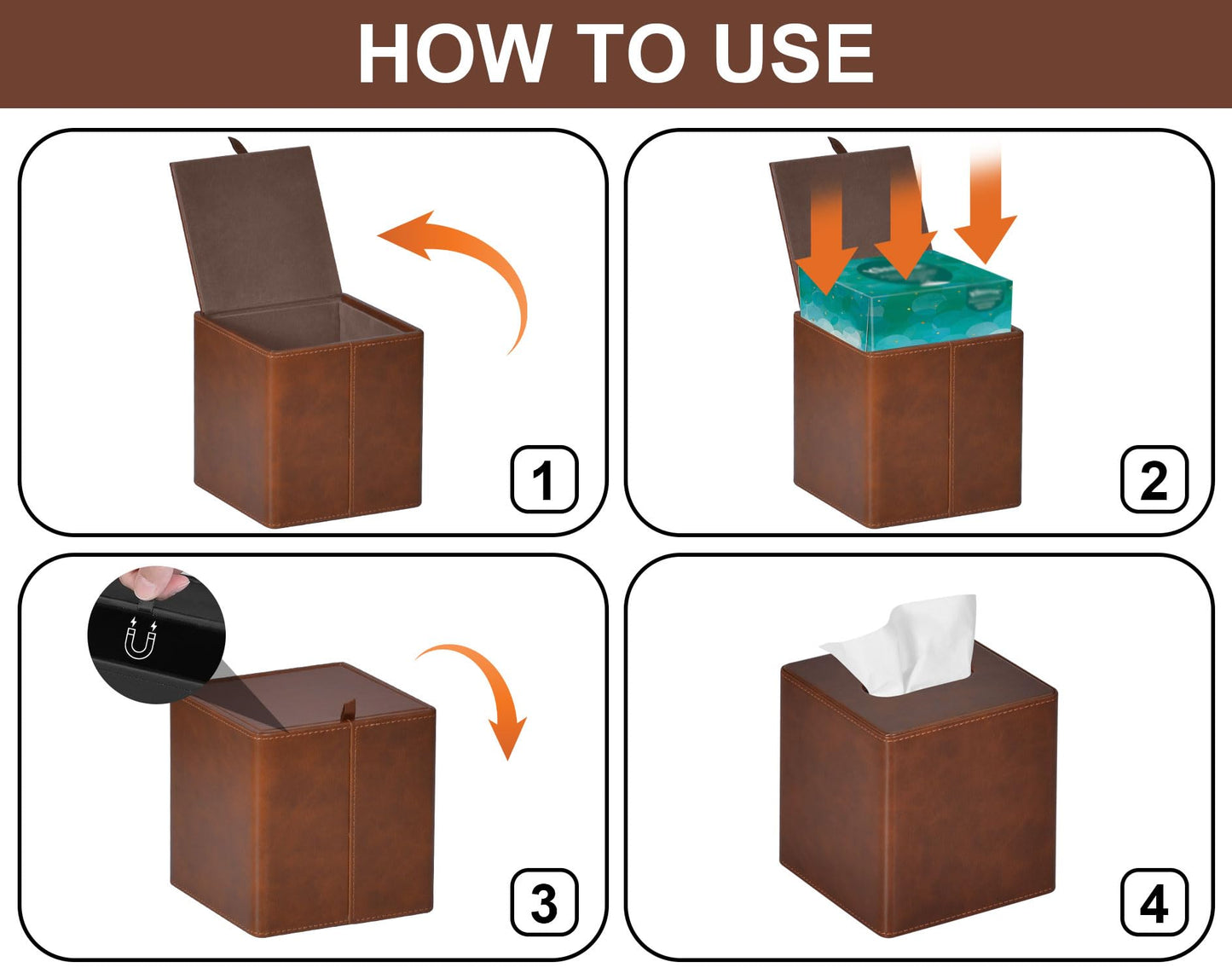 GOLRANLYE Tissue Box Cover Square PU Leather Facial Tissue Box Holder for Dresser Bathroom Decor (Brown)