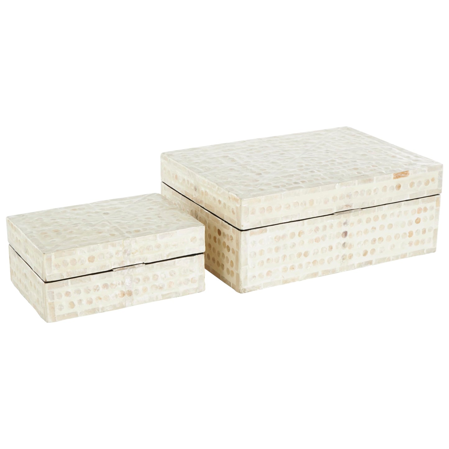 Deco 79 Mother of Pearl Shell Geometric Handmade Decorative Box Mosaic Dot Storage Decorative Keepsake Box with Brown Accents, Set of 2 Storage Box 12", 8"W, Cream