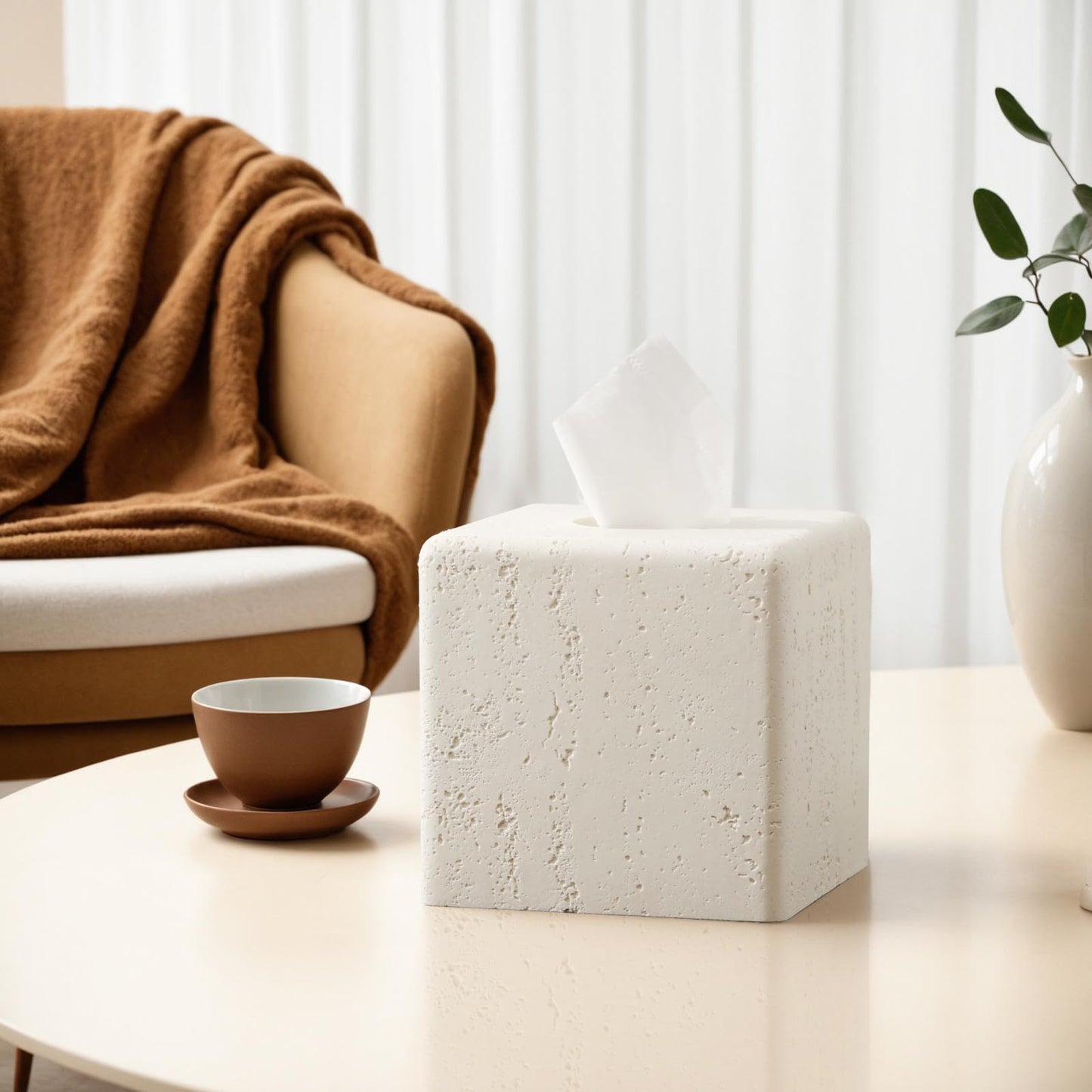 Haocoott Tissue Box Cover Square, Resin Facial Tissue Holder Covers Toilet Paper Holder Decorative Travertine Paper Dispenser Home Decor for Bathroom Bedroom Living Room Office (Cream)