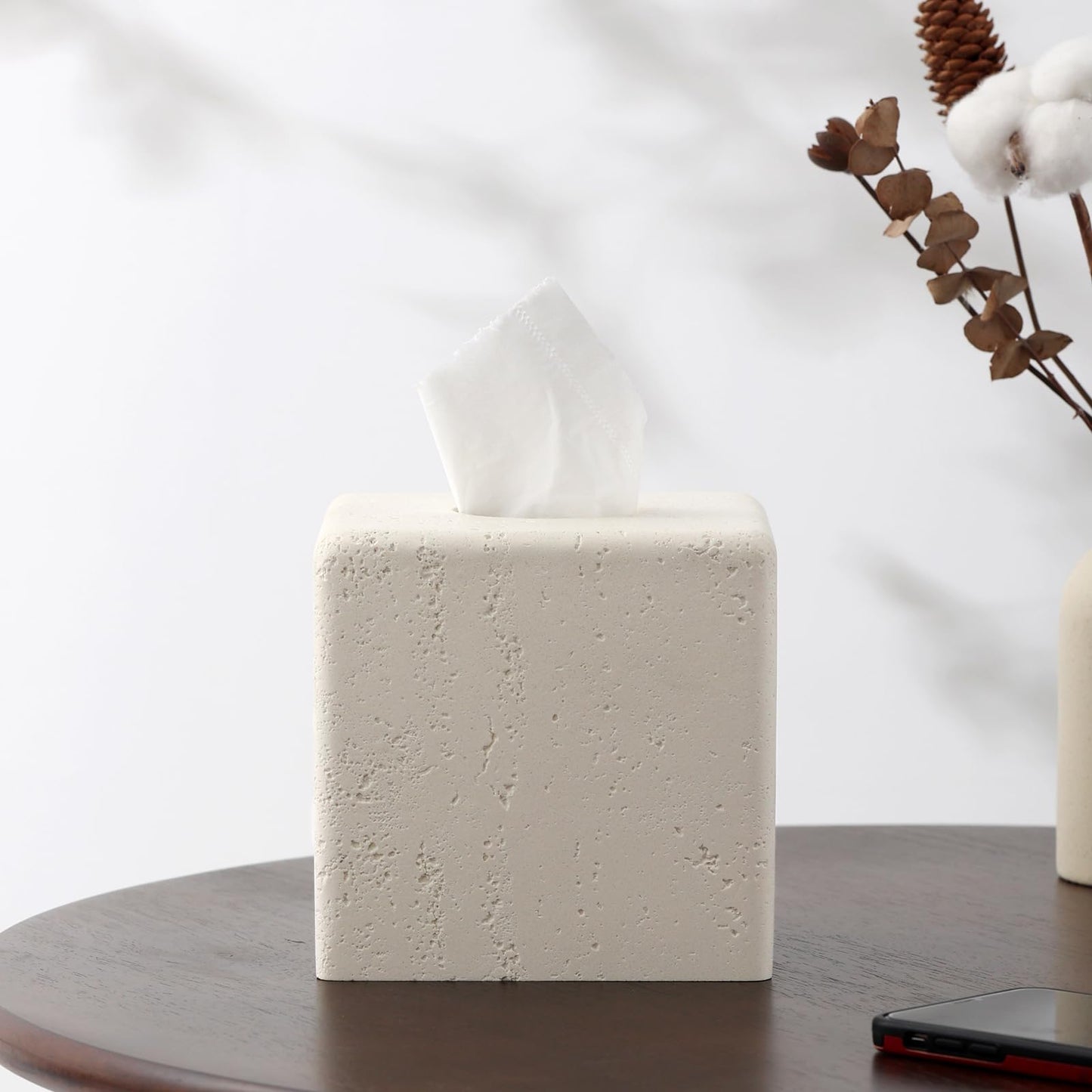 Haocoott Tissue Box Cover Square, Resin Facial Tissue Holder Covers Toilet Paper Holder Decorative Travertine Paper Dispenser Home Decor for Bathroom Bedroom Living Room Office (Cream)