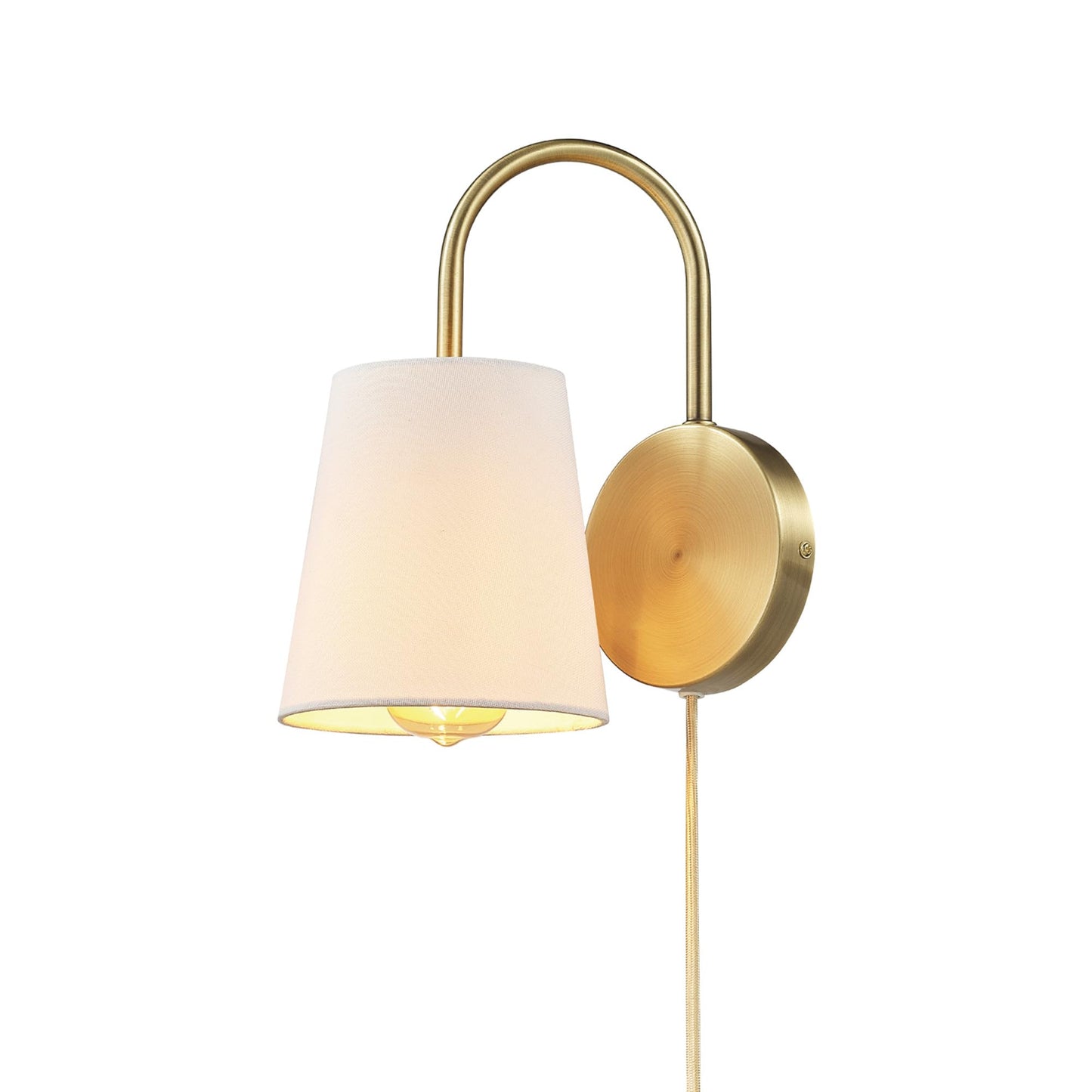 GLOBE Electric x Novogratz 65000053 1-Light Hardwire or Plug-in Wall Sconce, Matte Brass, White Textured Shade, Arched Arm, Lighting, Home Decor, Lights for Bedroom Plug in