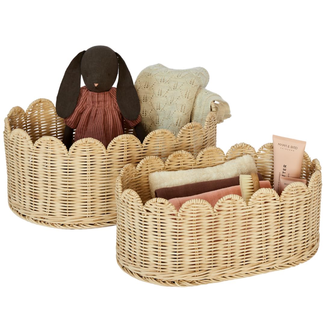 BEBE BASK Premium Scalloped Basket Set Of 2 - Scallop Basket - 16 x 10 x 7 Inch - Hand-Woven Elegant Wicker With Scalloped Edge - Nursery Storage (Natural)