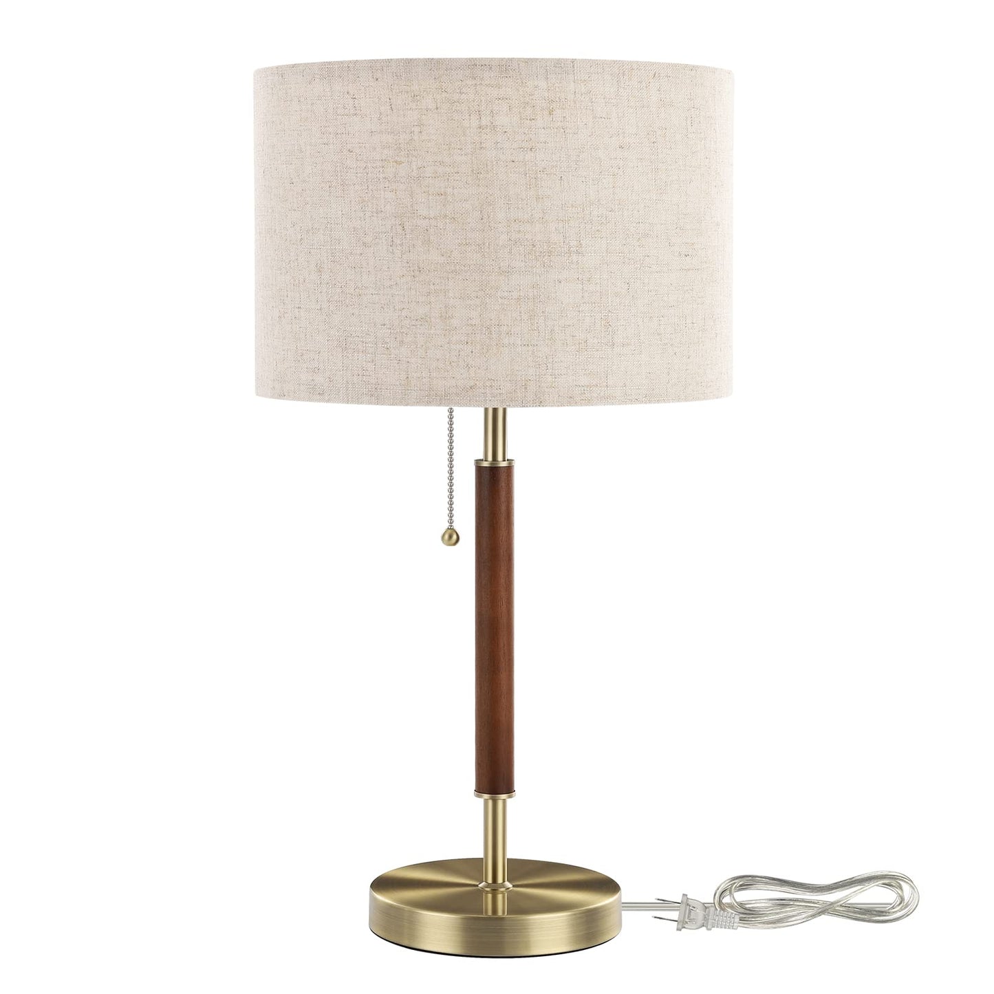 EDISHINE Mid Century Table Lamp, Bedside Lamp with Pull Chain Switch, Solid Wood & Metal Pole, Modern Nightstand Table Lamp for Living Room, Bedroom, Office, Frosted Bronze & Wood Finish