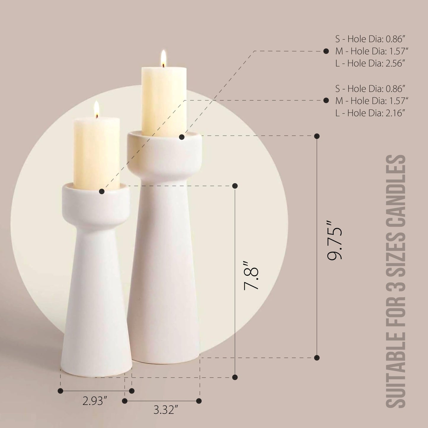 Set of 2 White Ceramic Taper Candle Holders, Matte Decorative Candlestick Holders in Small & Large Sizes for Home Decor, Dining Table, Weddings, Parties, and Aromatherapy