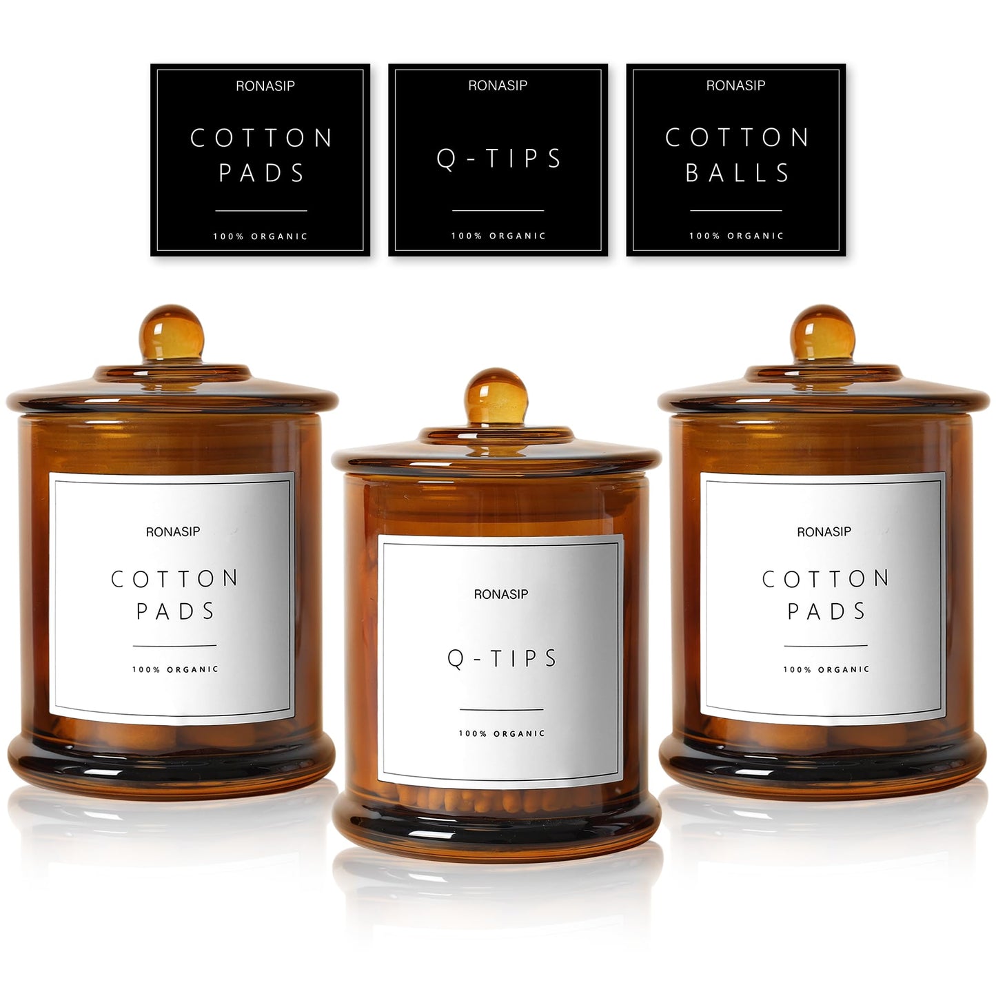 Ronasip 3 Pack Farmhouse Bathroom Organizers and Storage - 16 Oz Glass Jars with Lids for Qtip Holder, Swab Organizer, Bathroom Decor and Storage with Labels (Amber)