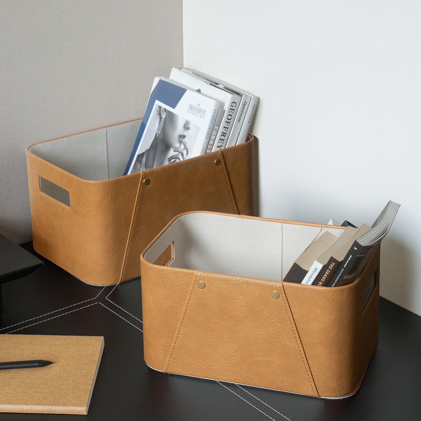 LA JOLIE MUSE Storage Baskets for Organizing, 2 Pack, Storage Cube Boxes Luxury Brown Vegan Leather for Closet Shelf Cabinet Bookcase Camel