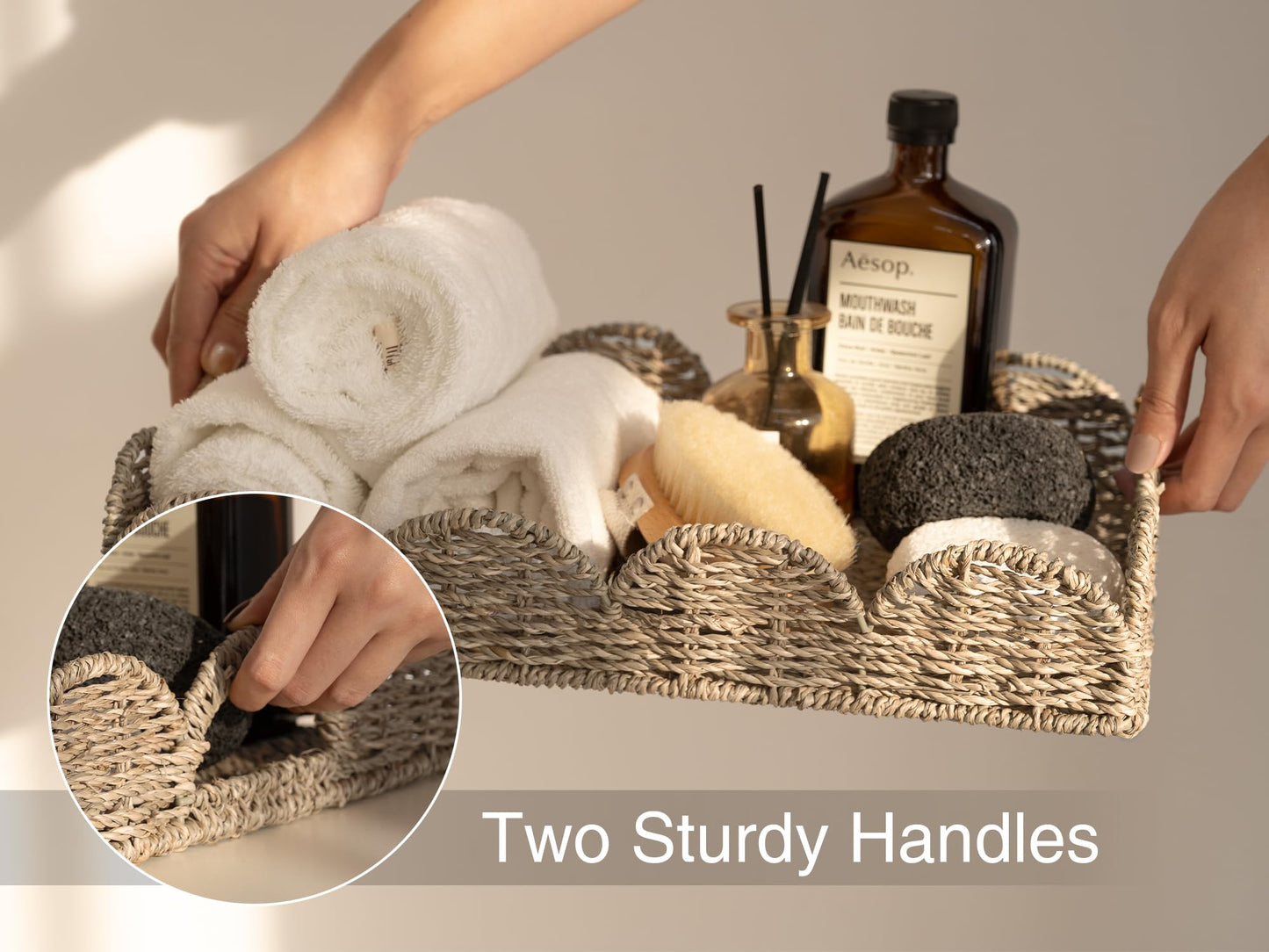 StorageWorks Rectangle Wicker Scalloped Tray, Rattan Serving Trays with Handles, Seagrass Basket for Decorative & Organizing, 15.75" L x 11.5" W x 2.75" H