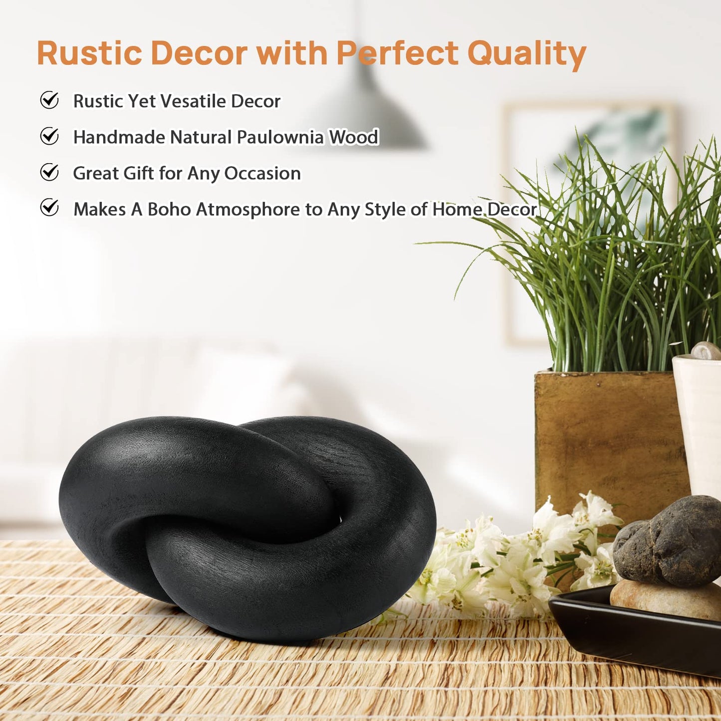 POPRHINO Wood Chain Decor, 2-Link Decorative Chain Hand Carved Boho Wood Knot Decor for Bookshelf Desk Living Room Coffee Table Farmhouse Ornament (Black)